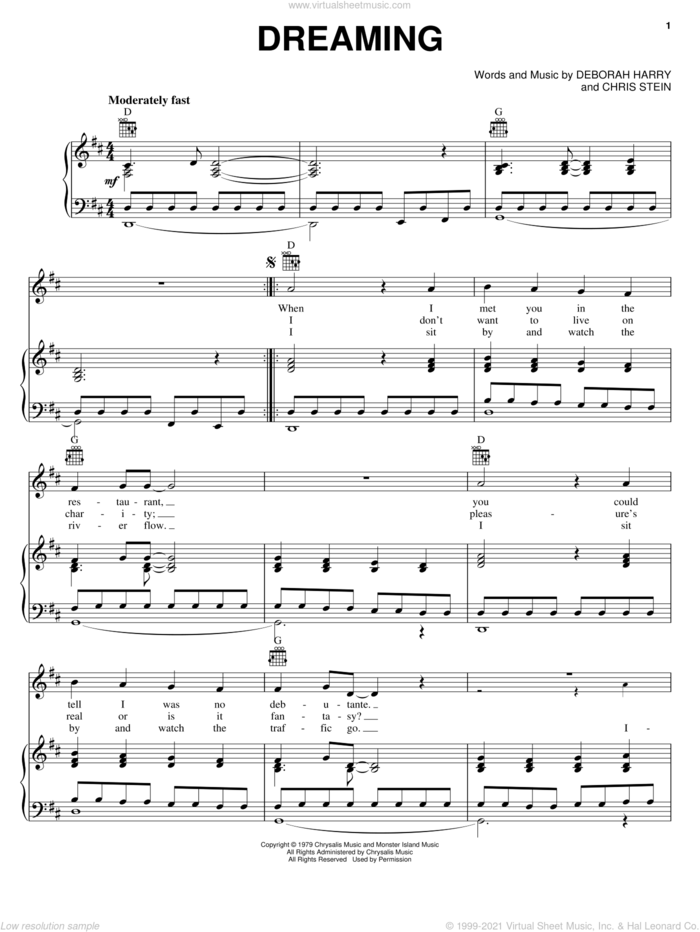 Dreaming sheet music for voice, piano or guitar by Blondie, Chris Stein and Deborah Harry, intermediate skill level