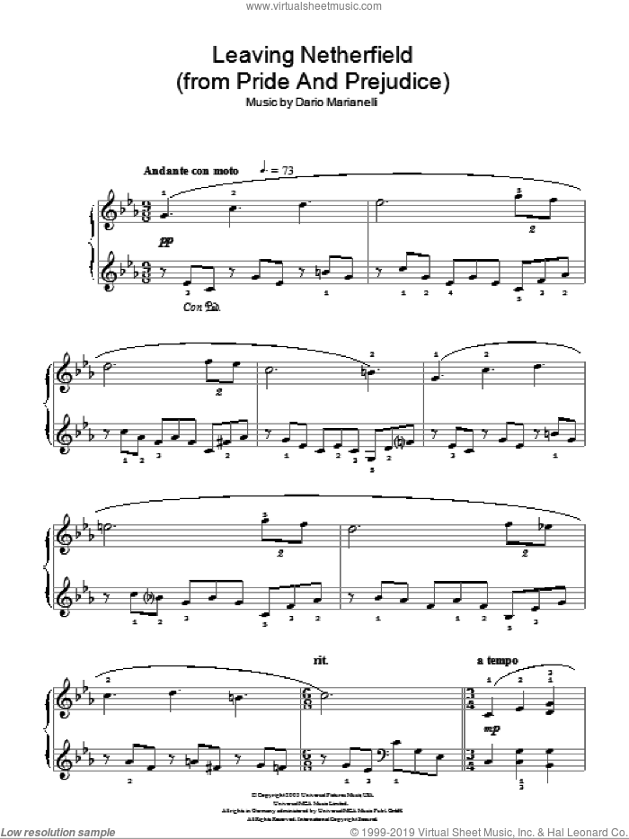 Leaving Netherfield (from Pride And Prejudice), (easy) sheet music for piano solo by Dario Marianelli, easy skill level