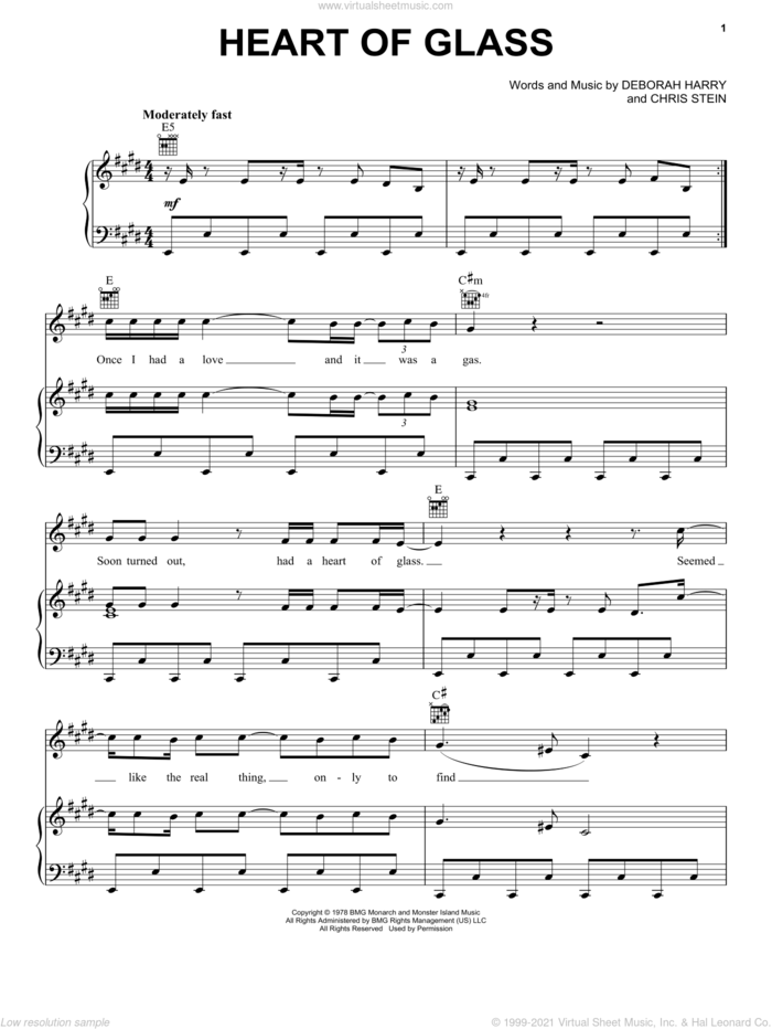 Heart Of Glass sheet music for voice, piano or guitar by Blondie, Chris Stein and Deborah Harry, intermediate skill level