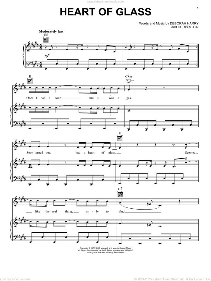 Heart Of Glass sheet music for voice, piano or guitar by Blondie, Chris Stein and Deborah Harry, intermediate skill level