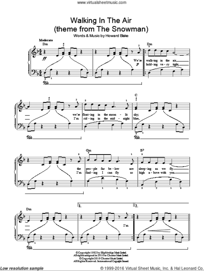 Walking In The Air (theme from The Snowman), (easy) (theme from The Snowman) sheet music for piano solo by Howard Blake and The Snowman (Movie), easy skill level