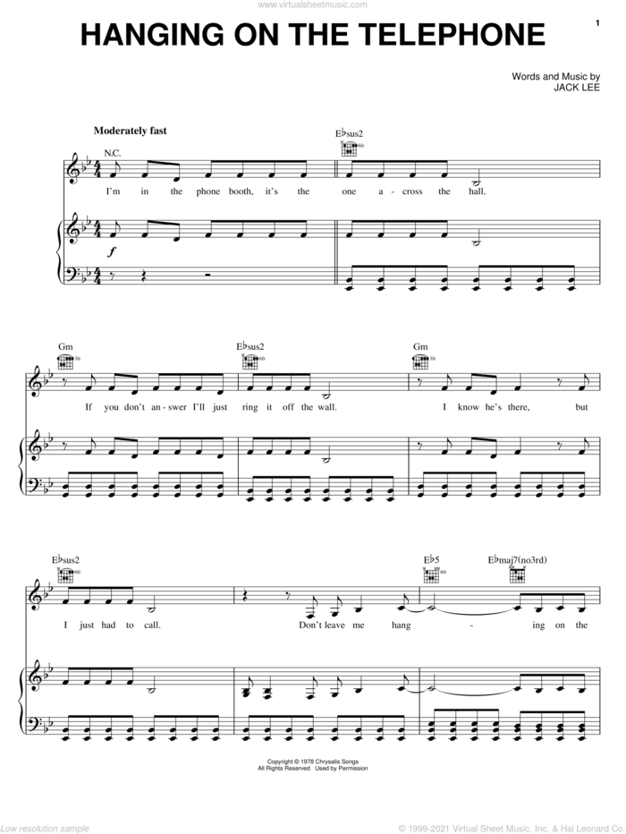Hanging On The Telephone sheet music for voice, piano or guitar by Blondie and Jack Lee, intermediate skill level