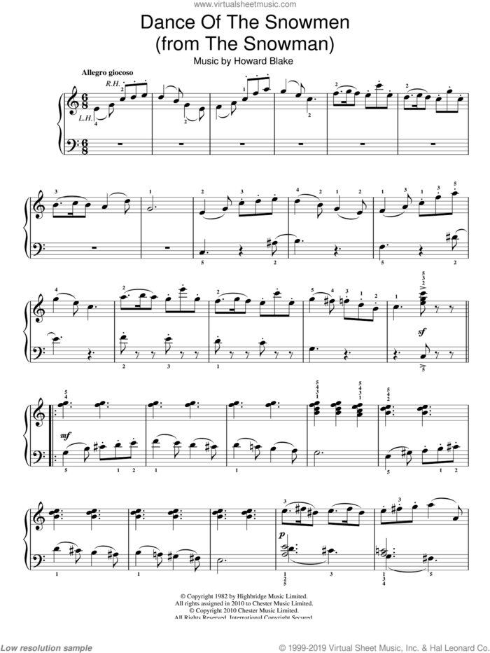 Dance Of The Snowmen sheet music for piano solo by Howard Blake and The Snowman (Movie), easy skill level