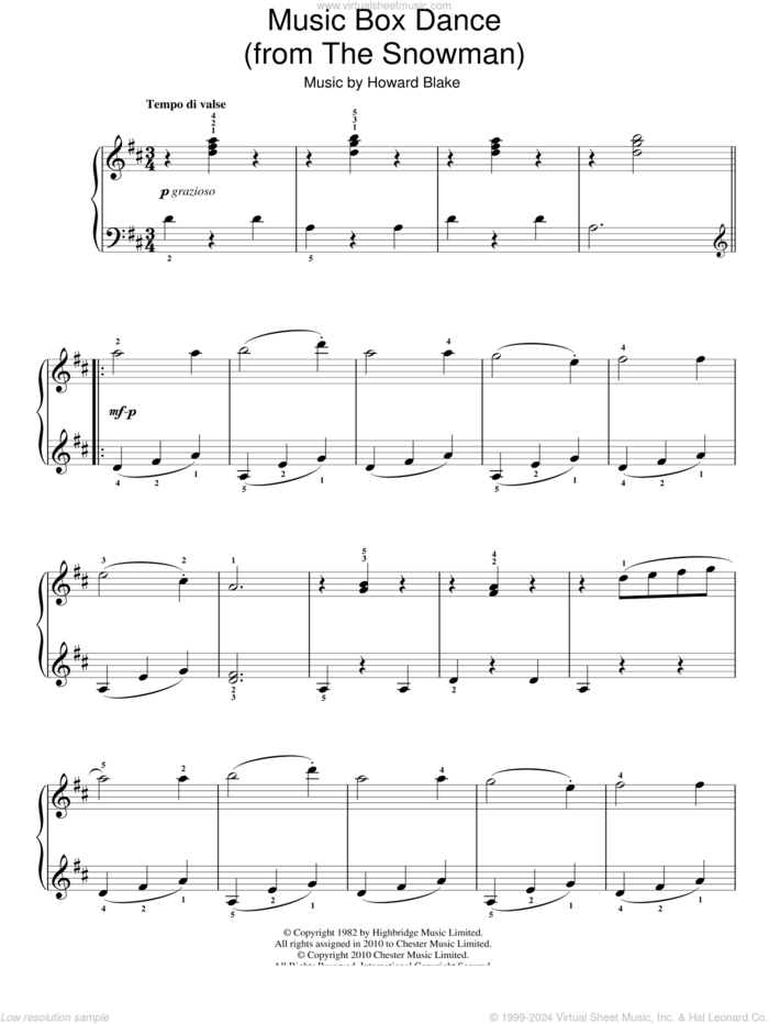 Music Box Dance sheet music for piano solo by Howard Blake and The Snowman (Movie), easy skill level