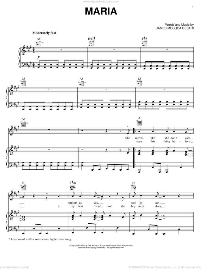 Maria sheet music for voice, piano or guitar by Blondie and Jimmy Destri, intermediate skill level