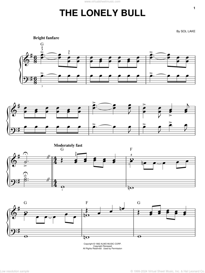 The Lonely Bull, (easy) sheet music for piano solo by Herb Alpert & The Tijuana Brass, Herb Alpert and Sol Lake, easy skill level