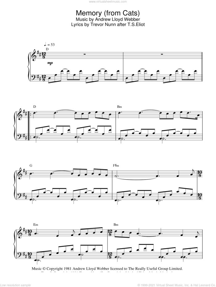 Memory (from Cats), (intermediate) (from Cats) sheet music for piano solo by Andrew Lloyd Webber and Trevor Nunn, intermediate skill level