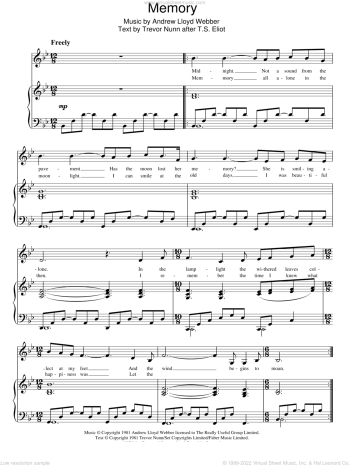 Memory (from Cats), (easy) sheet music for piano solo by Andrew Lloyd Webber and Trevor Nunn, easy skill level