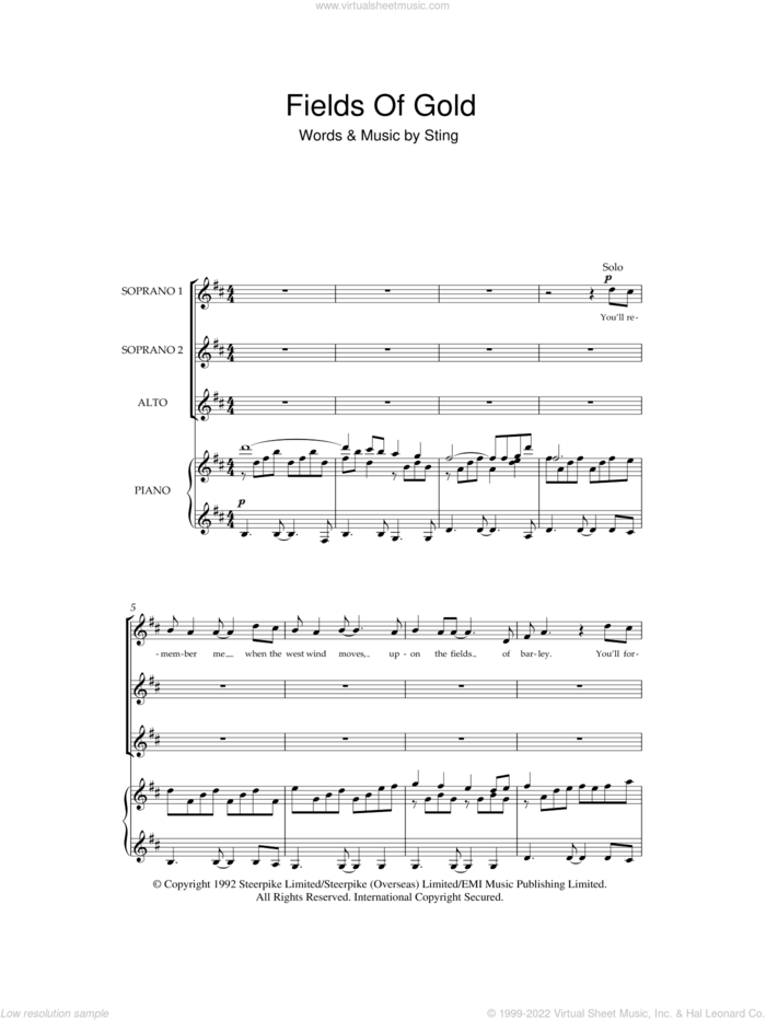 Fields Of Gold sheet music for choir (SSA: soprano, alto) by Sting, intermediate skill level