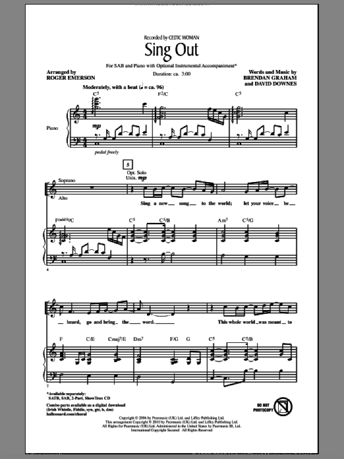 Sing Out sheet music for choir (SAB: soprano, alto, bass) by Brendan Graham, David Downes, Celtic Woman and Roger Emerson, intermediate skill level