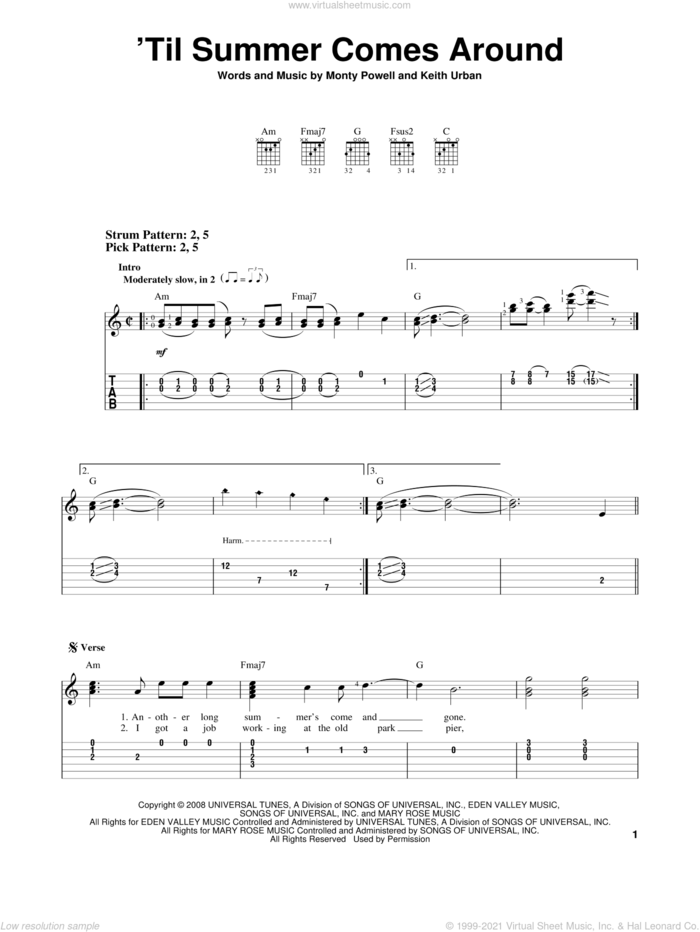 'Til Summer Comes Around sheet music for guitar solo (easy tablature) by Keith Urban and Monty Powell, easy guitar (easy tablature)