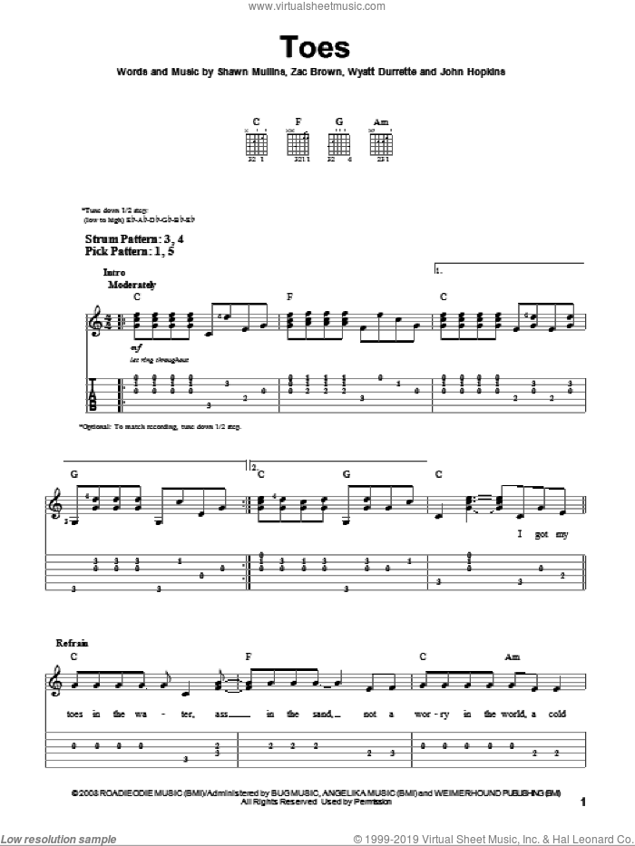 Toes sheet music for guitar solo (easy tablature) by Zac Brown Band, John Hopkins, Shawn Mullins, Wyatt Durrette and Zac Brown, easy guitar (easy tablature)