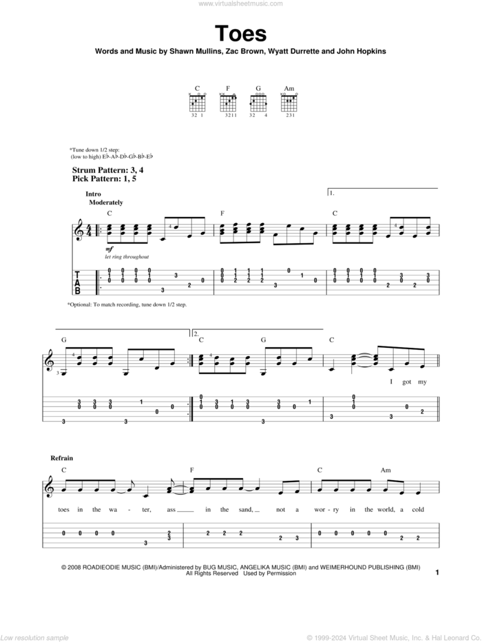 Toes sheet music for guitar solo (easy tablature) by Zac Brown Band, John Hopkins, Shawn Mullins, Wyatt Durrette and Zac Brown, easy guitar (easy tablature)