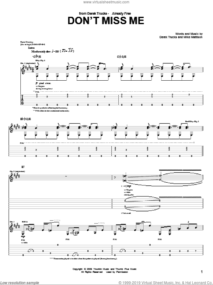 Don't Miss Me sheet music for guitar (tablature) by The Derek Trucks Band, Derek Trucks and Mike Mattison, intermediate skill level
