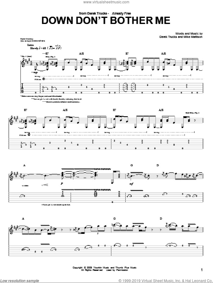 Down Don't Bother Me sheet music for guitar (tablature) by The Derek Trucks Band, Derek Trucks and Mike Mattison, intermediate skill level