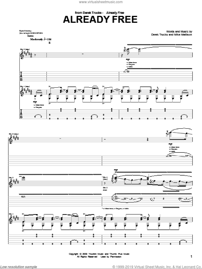 Already Free sheet music for guitar (tablature) by The Derek Trucks Band, Derek Trucks and Mike Mattison, intermediate skill level