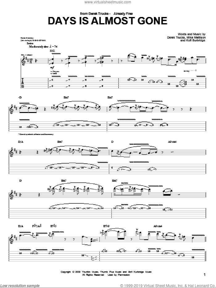 Days Is Almost Gone sheet music for guitar (tablature) by The Derek Trucks Band, Derek Trucks, Kofi Burbridge and Mike Mattison, intermediate skill level