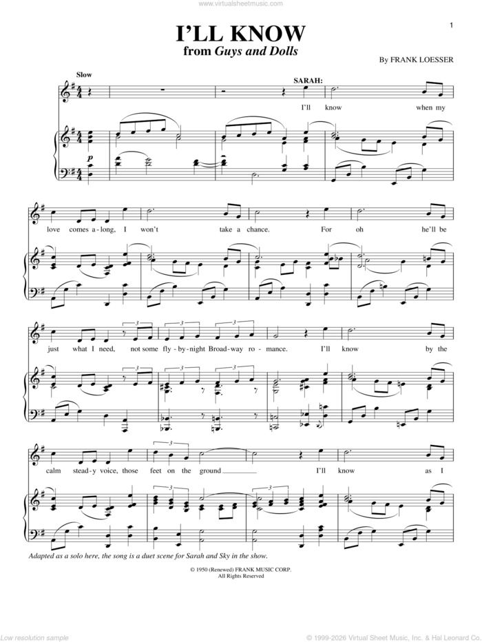 I'll Know sheet music for voice and piano by Frank Loesser and Guys And Dolls (Musical), intermediate skill level