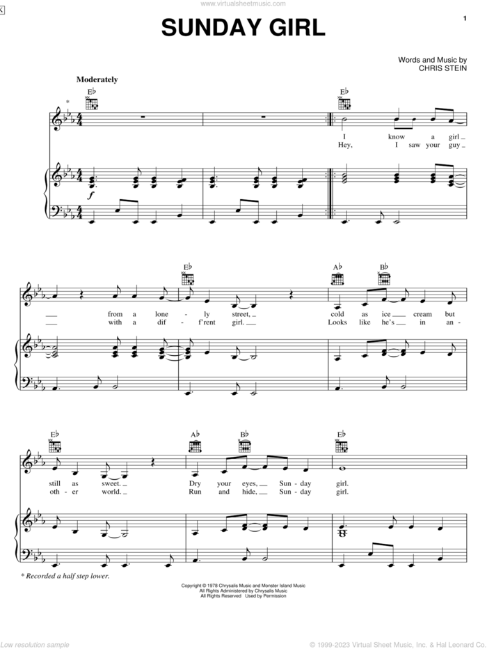 Sunday Girl sheet music for voice, piano or guitar by Blondie and Chris Stein, intermediate skill level
