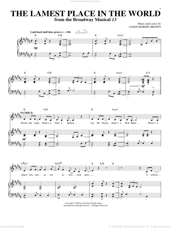 The Lamest Place In The World (from 13: The Musical) sheet music for voice and piano by Jason Robert Brown and 13: The Musical, intermediate skill level