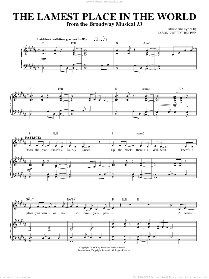 The Lamest Place In The World (from 13: The Musical) sheet music for voice and piano by Jason Robert Brown and 13: The Musical, intermediate skill level