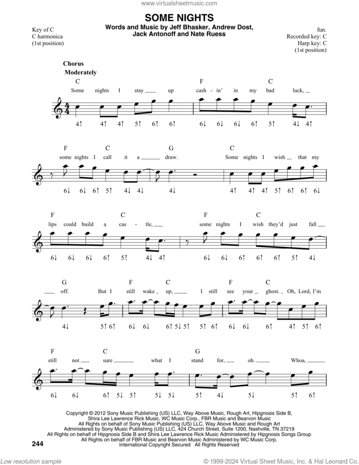 Some Nights sheet music for harmonica solo by Jeff Bhasker, Fun, Andrew Dost, Jack Antonoff and Nate Ruess, intermediate skill level