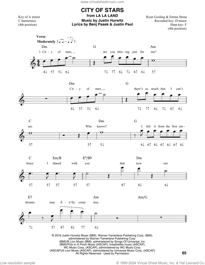 City Of Stars (from La La Land) sheet music for harmonica solo by Ryan Gosling & Emma Stone, Benj Pasek, Justin Hurwitz and Justin Paul, intermediate skill level