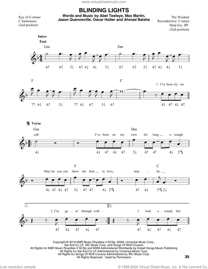 Blinding Lights sheet music for harmonica solo by The Weeknd, Abel Tesfaye, Ahmad Balshe, Jason Quenneville, Max Martin and Oscar Holter, intermediate skill level