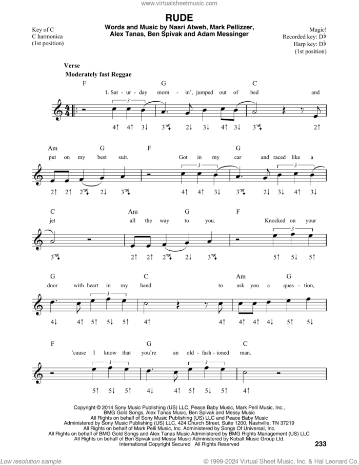 Rude sheet music for harmonica solo by MAGIC!, Adam Messinger, Alex Tanas, Ben Spivak, Mark Pellizzer and Nasri Atweh, intermediate skill level