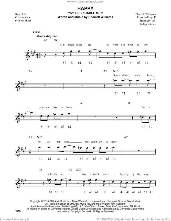 Happy sheet music for harmonica solo by Pharrell and Pharrell Williams, intermediate skill level