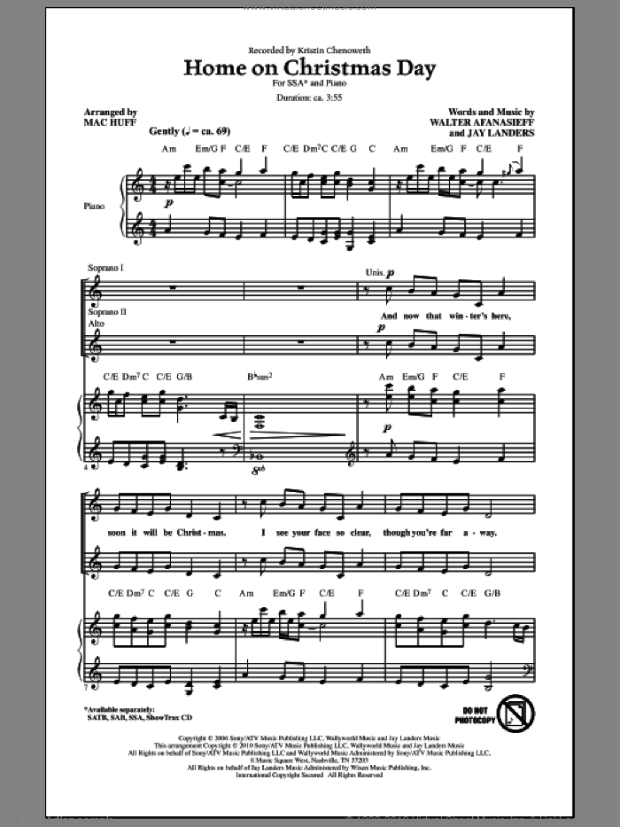 Home On Christmas Day sheet music for choir (SSA: soprano, alto) by Walter Afanasieff, Jay Landers, Kristin Chenoweth and Mac Huff, intermediate skill level