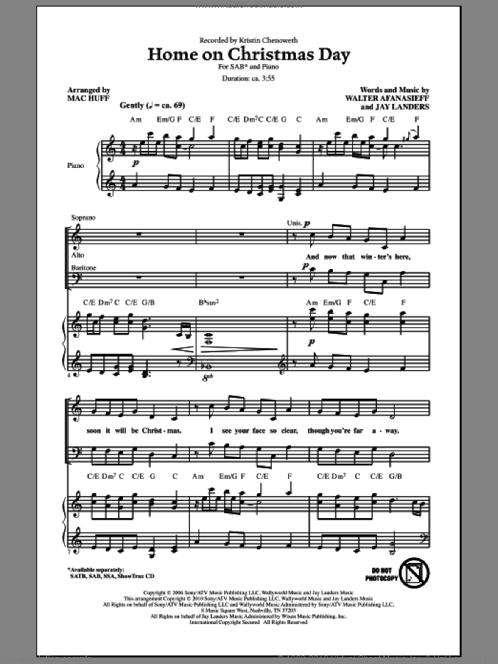 Home On Christmas Day sheet music for choir (SAB: soprano, alto, bass) by Walter Afanasieff, Jay Landers, Kristin Chenoweth and Mac Huff, intermediate skill level