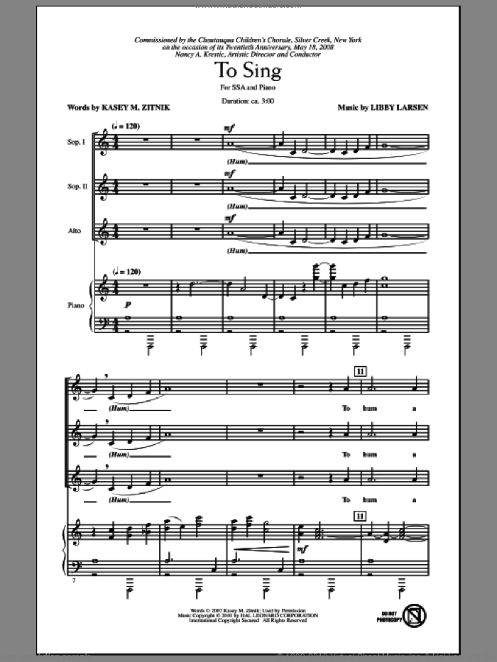 To Sing sheet music for choir (SSA: soprano, alto) by Libby Larsen and Kasey M. Zitnik, intermediate skill level