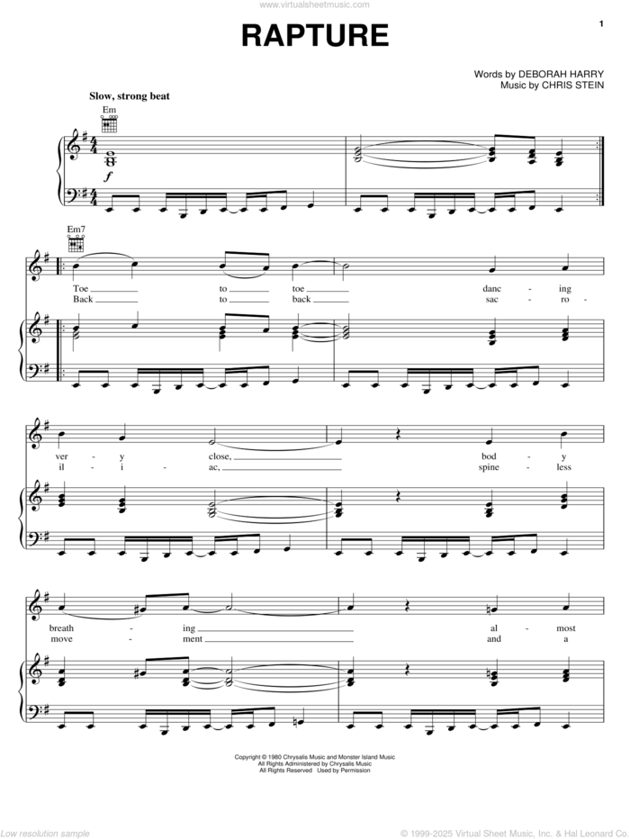 Rapture sheet music for voice, piano or guitar by Blondie, Chris Stein and Deborah Harry, intermediate skill level