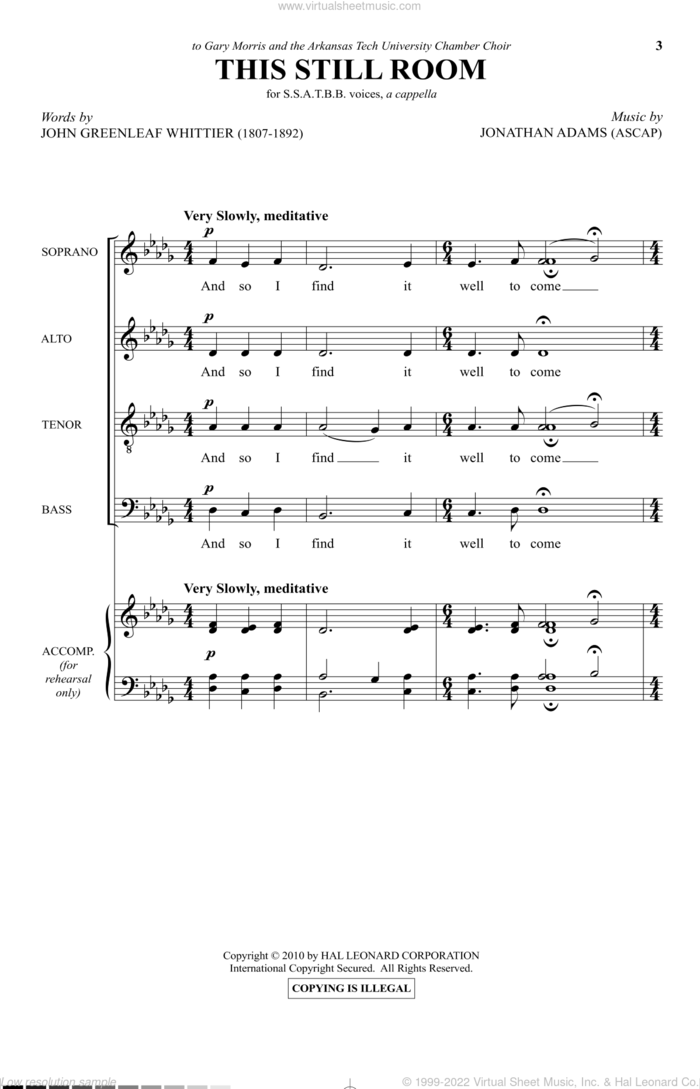 This Still Room sheet music for choir (SATB: soprano, alto, tenor, bass) by Jonathan Adams and John Greenleaf Whittier, intermediate skill level