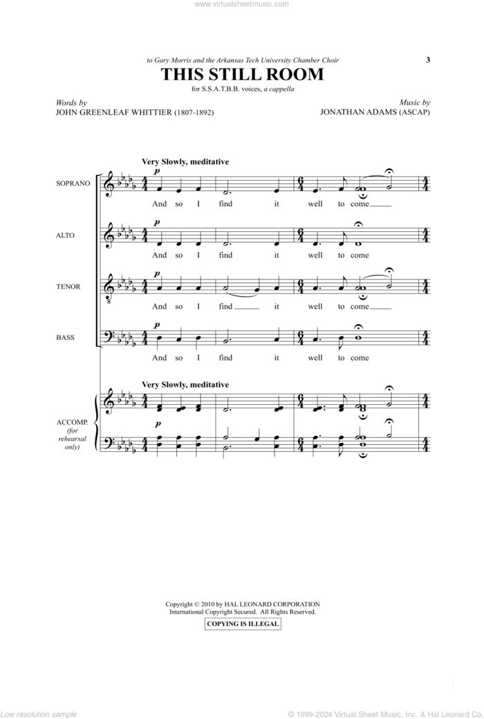 This Still Room sheet music for choir (SATB: soprano, alto, tenor, bass) by Jonathan Adams and John Greenleaf Whittier, intermediate skill level