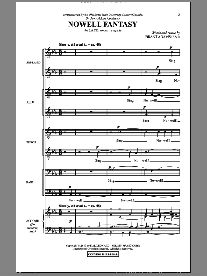Nowell Fantasy sheet music for choir (SATB: soprano, alto, tenor, bass) by Brant Adams, intermediate skill level