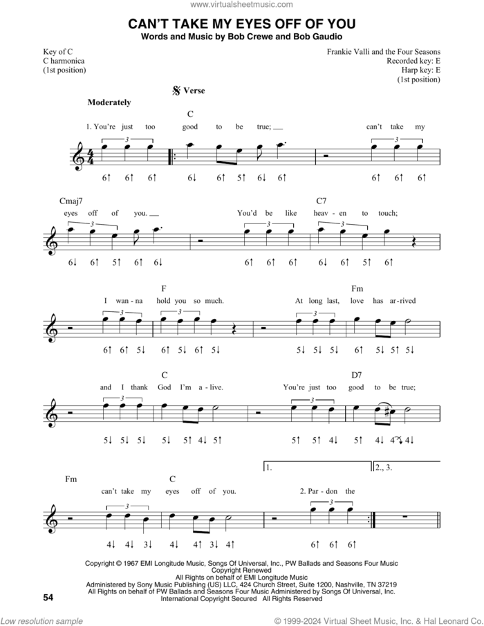 Can't Take My Eyes Off Of You sheet music for harmonica solo by Frankie Valli & The Four Seasons, Frankie Valli, The Four Seasons, Bob Crewe and Bob Gaudio, intermediate skill level