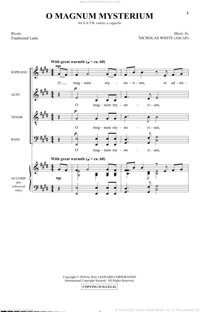 O Magnum Mysterium sheet music for choir (SATB: soprano, alto, tenor, bass) by Nicholas White, intermediate skill level