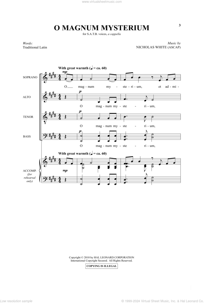 O Magnum Mysterium sheet music for choir (SATB: soprano, alto, tenor, bass) by Nicholas White, intermediate skill level