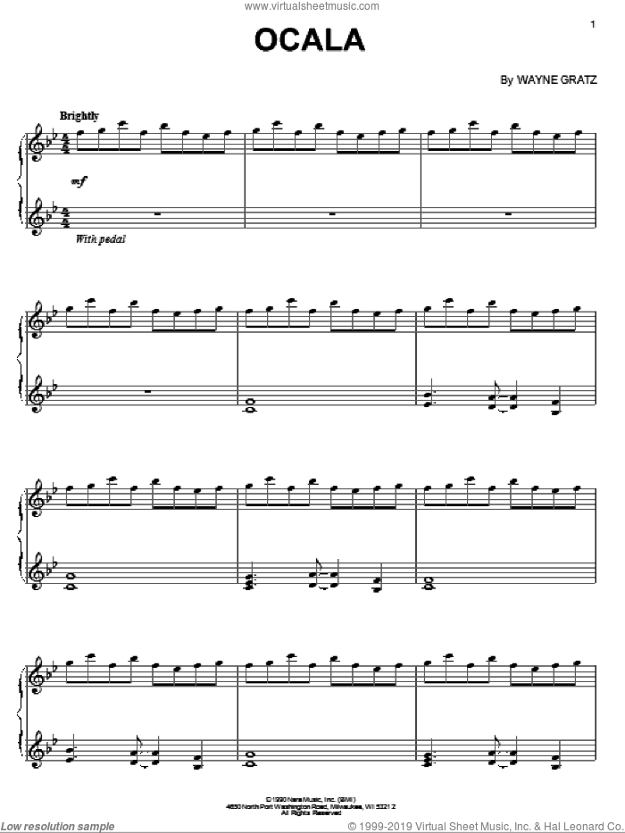 Ocala sheet music for piano solo by Wayne Gratz, intermediate skill level