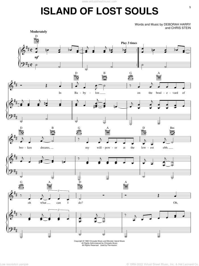 Island Of Lost Souls sheet music for voice, piano or guitar by Blondie, Chris Stein and Deborah Harry, intermediate skill level