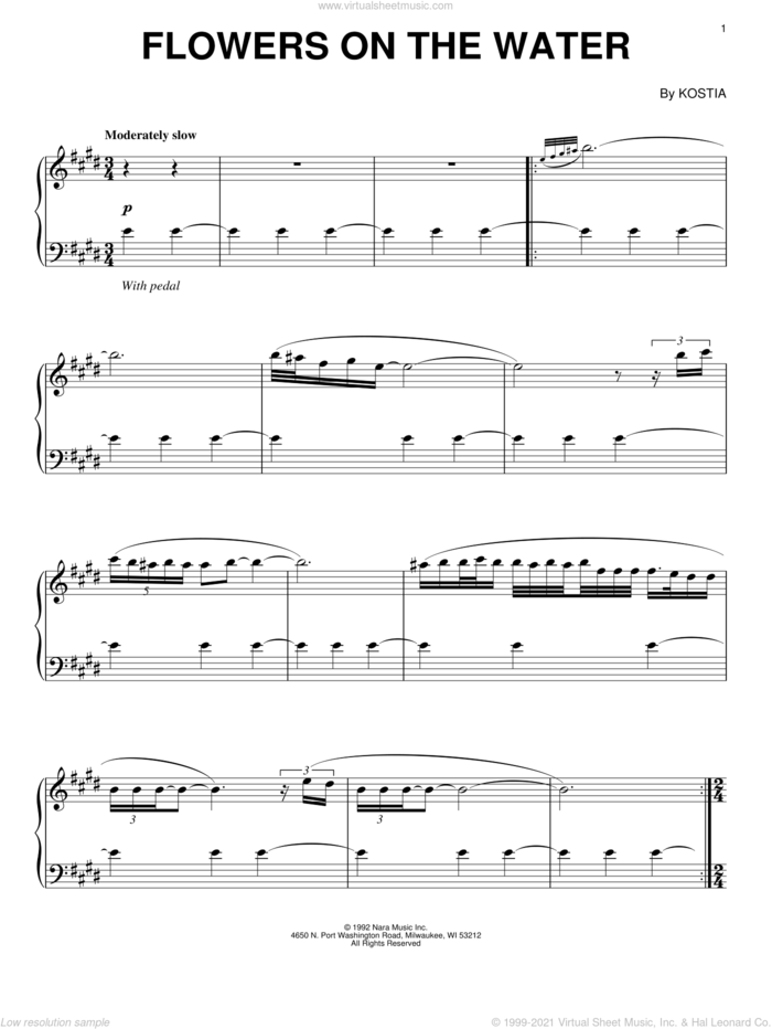 Flowers On The Water sheet music for piano solo by Kostia, intermediate skill level