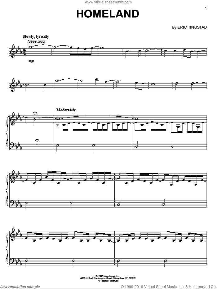 Homeland sheet music for piano solo by Eric Tingstad, intermediate skill level