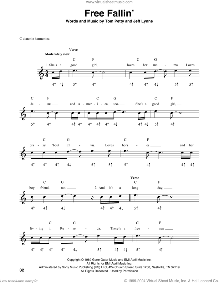 Free Fallin' sheet music for harmonica solo by Tom Petty and Jeff Lynne, intermediate skill level