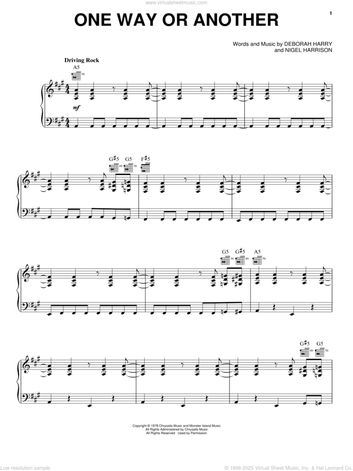 One Way Or Another sheet music for voice, piano or guitar by Blondie, Cheryl Chase, Deborah Harry and Nigel Harrison, intermediate skill level