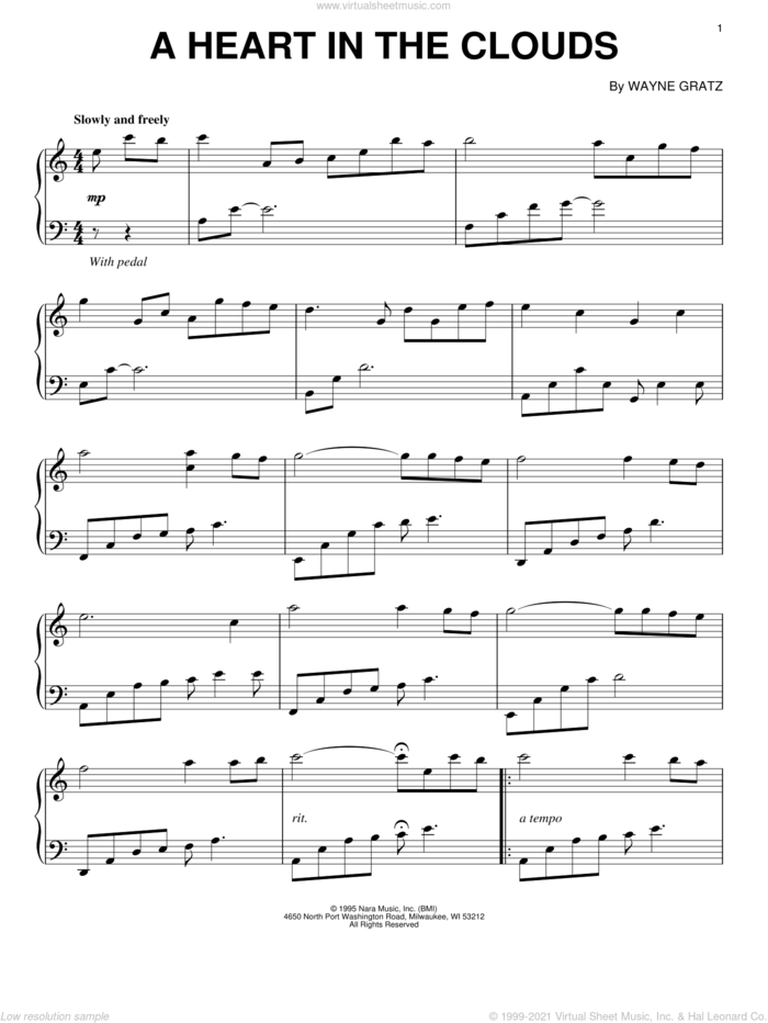 A Heart In The Clouds sheet music for piano solo by Wayne Gratz, intermediate skill level