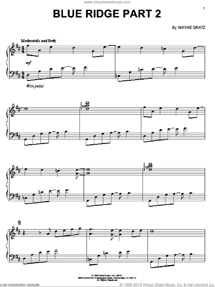 Blue Ridge Part 2 sheet music for piano solo by Wayne Gratz, intermediate skill level