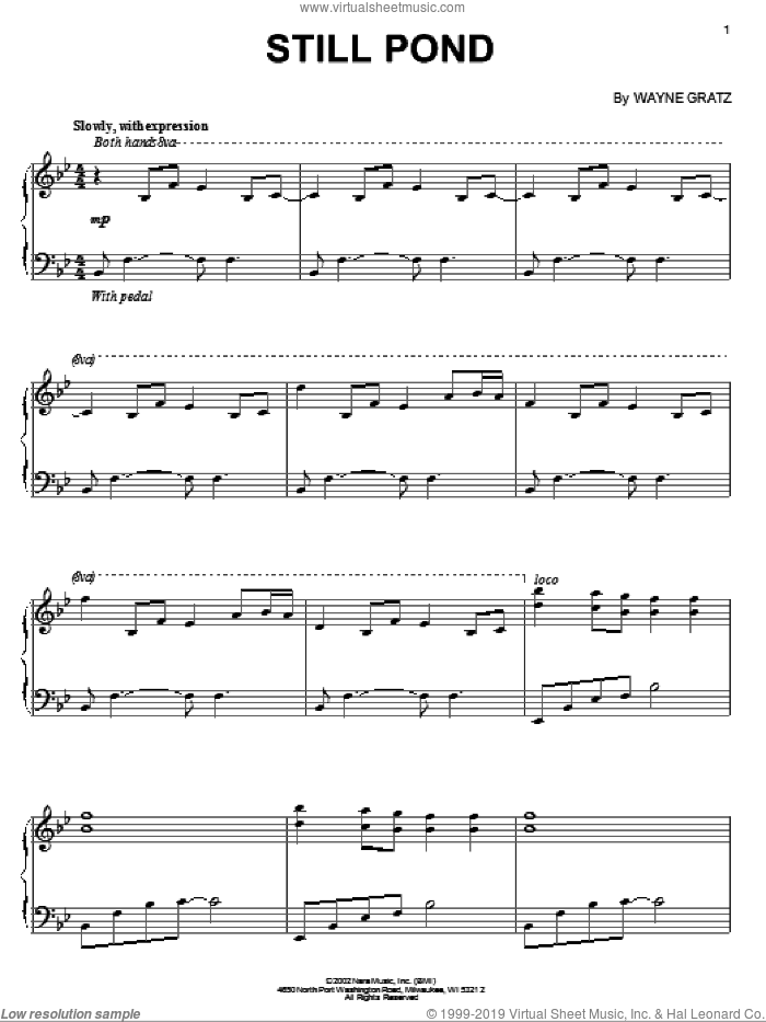 Still Pond sheet music for piano solo by Wayne Gratz, intermediate skill level