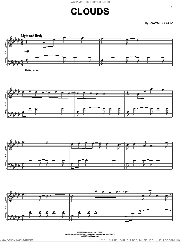 Clouds sheet music for piano solo by Wayne Gratz, intermediate skill level
